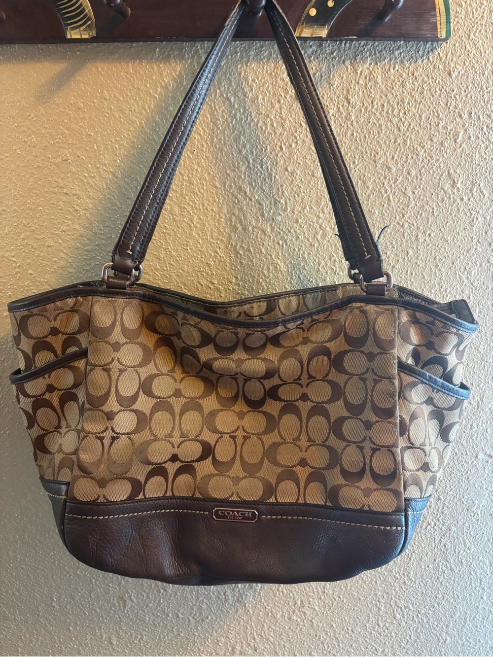 Coach Brown Signature Canvas Shoulder Bag with Dark Brown Leather